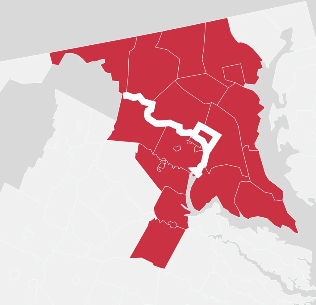 Counties highlighted in deep red on a map showing the DC, MD, VA region.